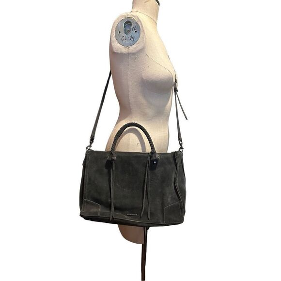 Rebecca Minkoff Grey Handbag Suede Leather Zipper Medium Crossbody Strap Fringe - Picture 2 of 16